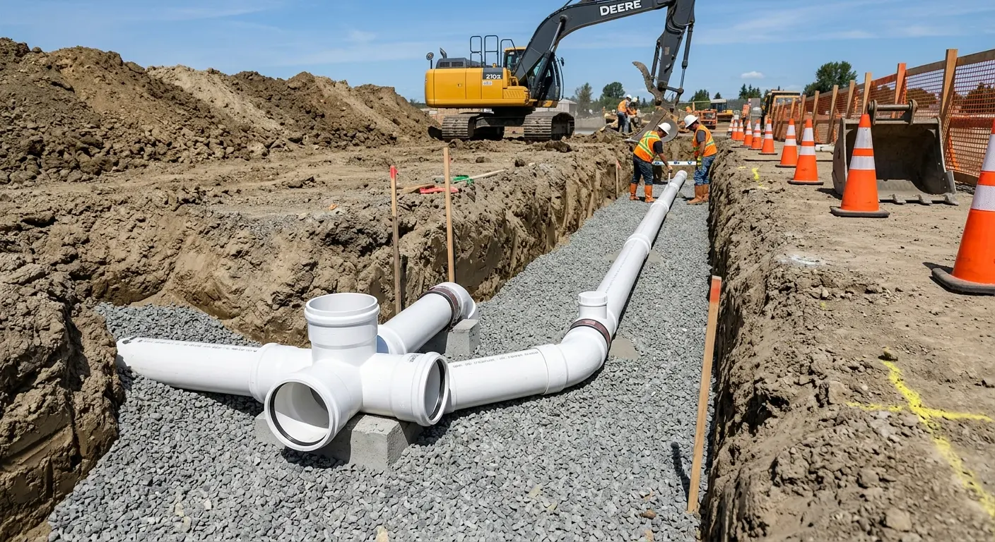New PVC sewer pipe installation in open trench for Sewer Backup in Waihee-Waiehu