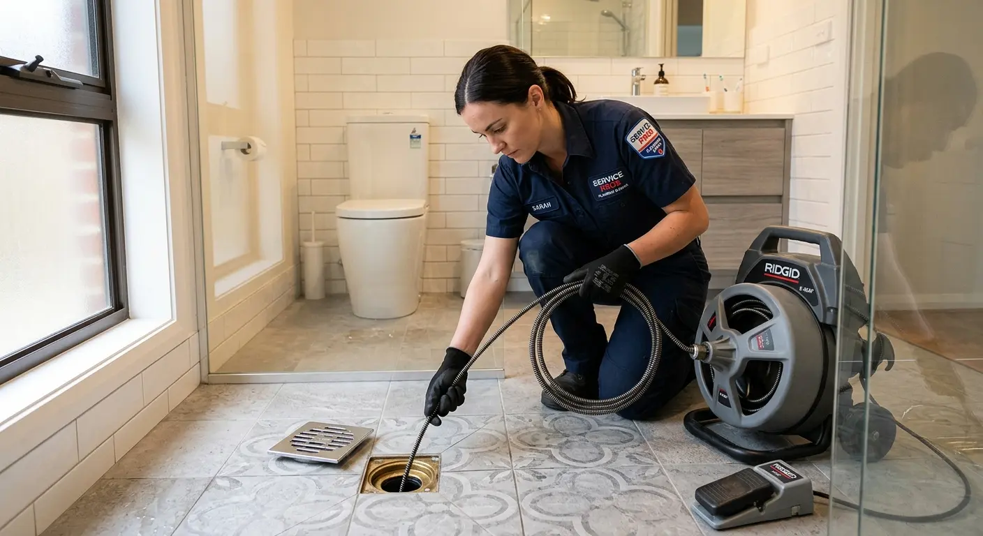 Technician clearing a bathroom floor drain for Sewer Line Replacement in Waihee-Waiehu